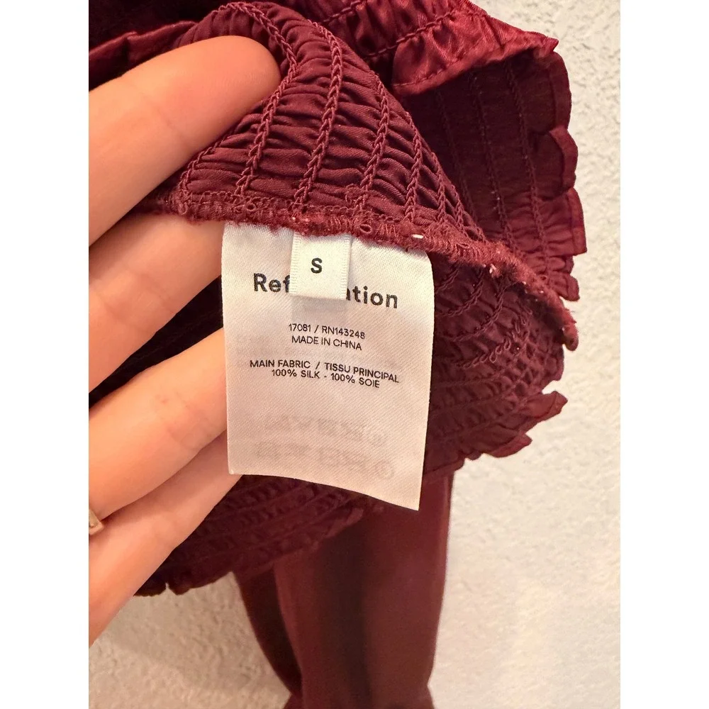 Reformation Burgundy 100% Silk Smocked Long Sleeve Square Neck Chamomile Top  S‎